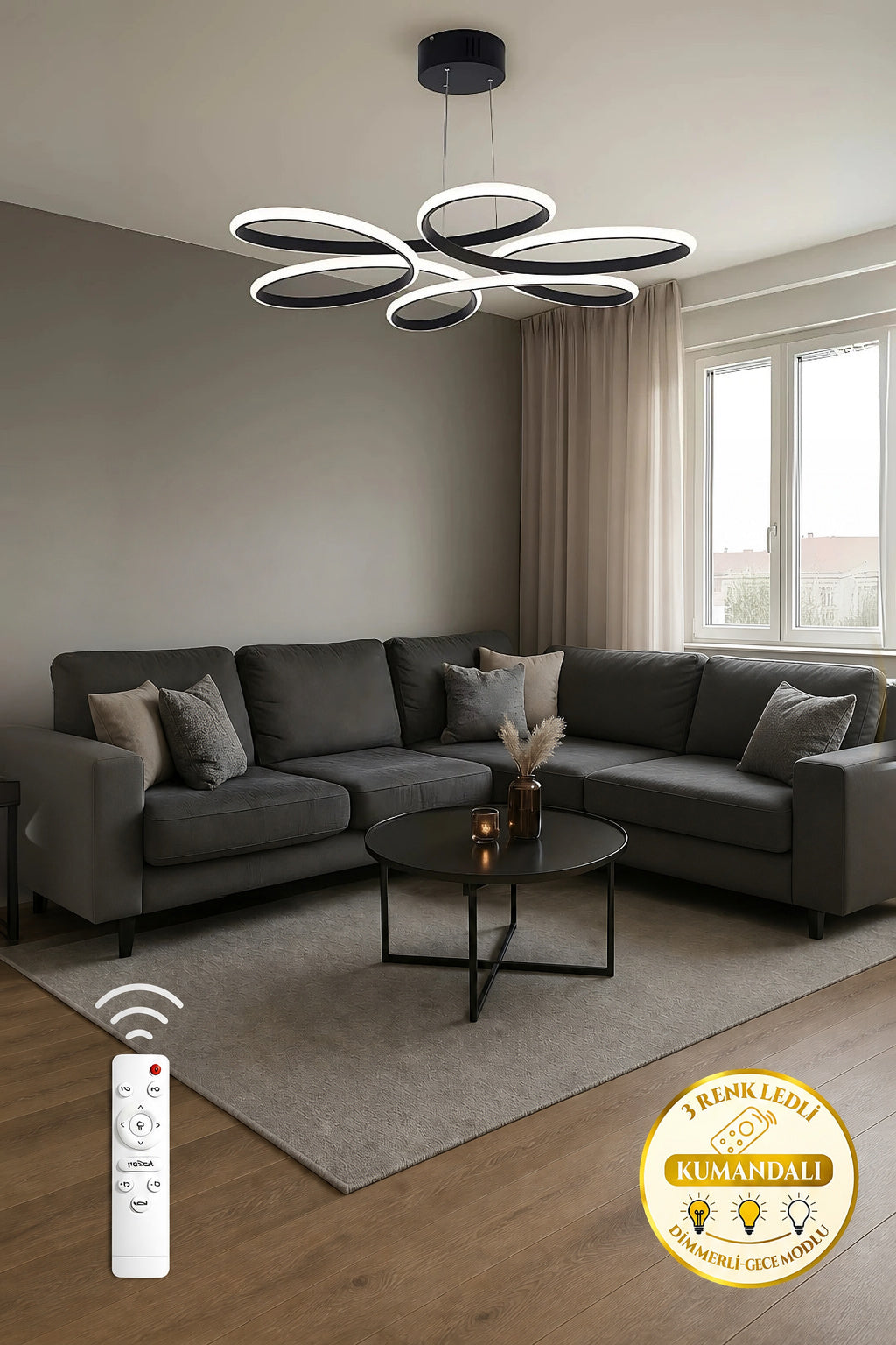 Lupin Siyah Sarkık Kumandalı 3 Renk Ledli Dimmerli Sarkıt Modern Ledli Avize-Çap 60 cm