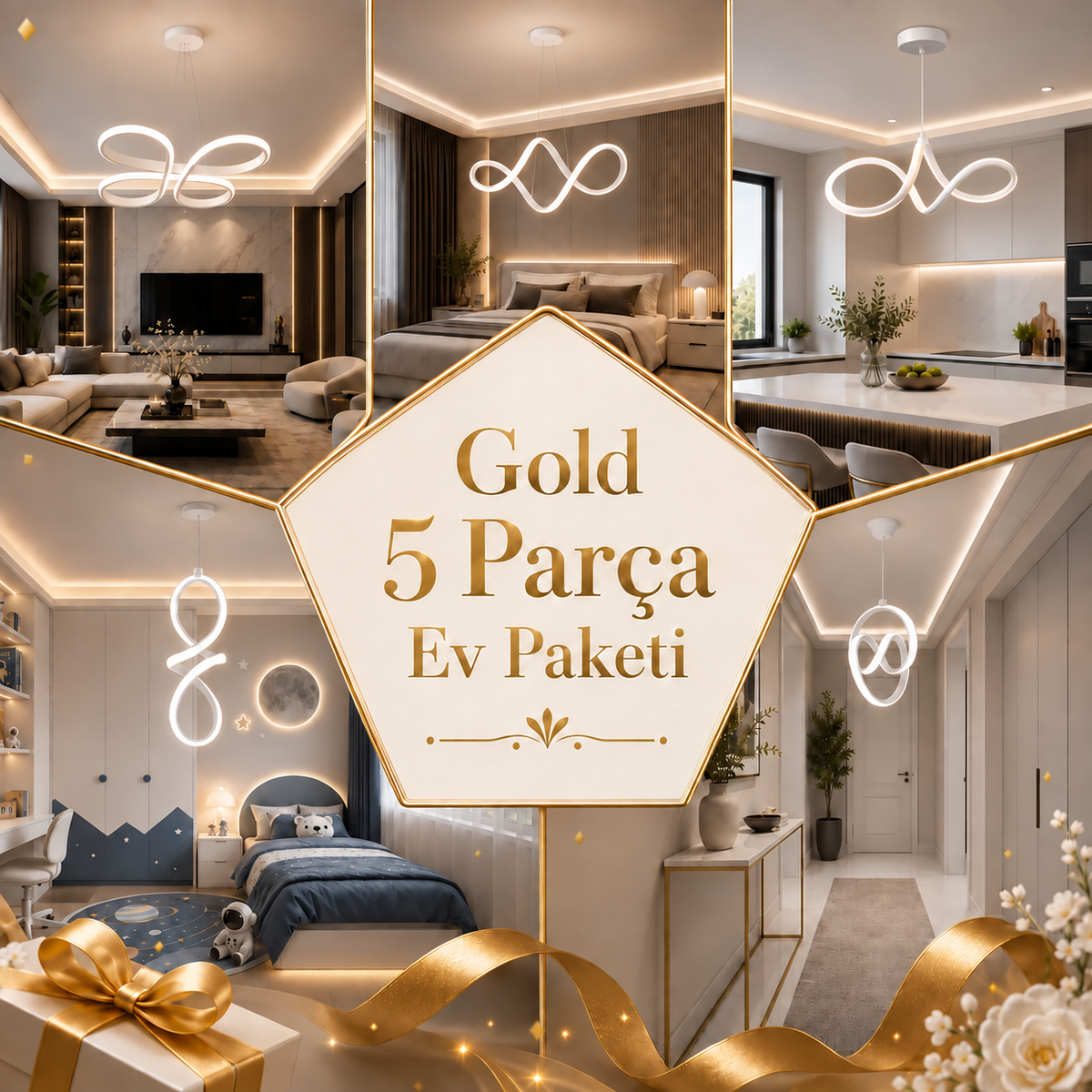 Gold 5 Parça Ev Paketi - Ev Aydınlatma Seti Beyaz