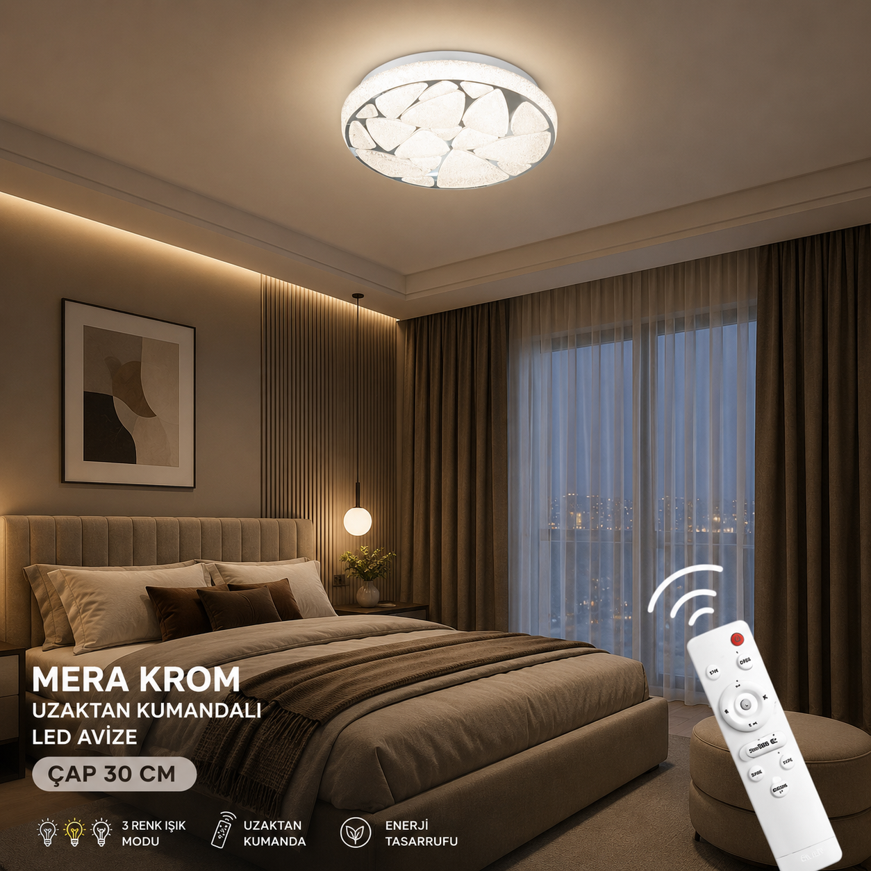 Mera Krom Uzaktan Kumandalı 3 Renk 30 cm Led Avize