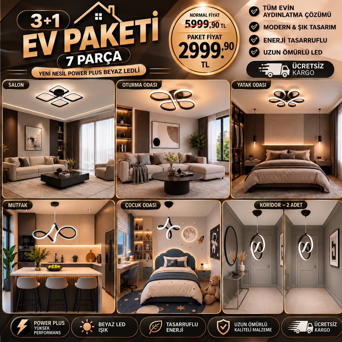 Marlin 7 Parça Avantajlı Ev Aydınlatma Paketi Siyah Beyaz Işık