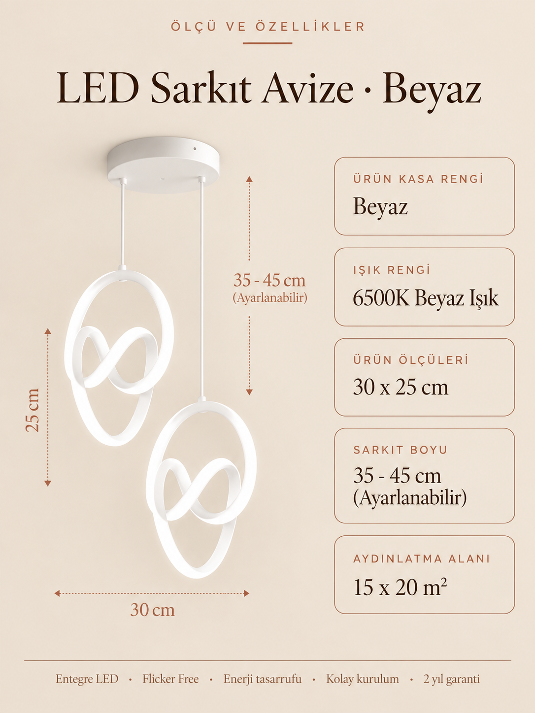 Trend 2'Li Beyaz Sarkık Power Beyaz Ledli Avize Modern Led Avize