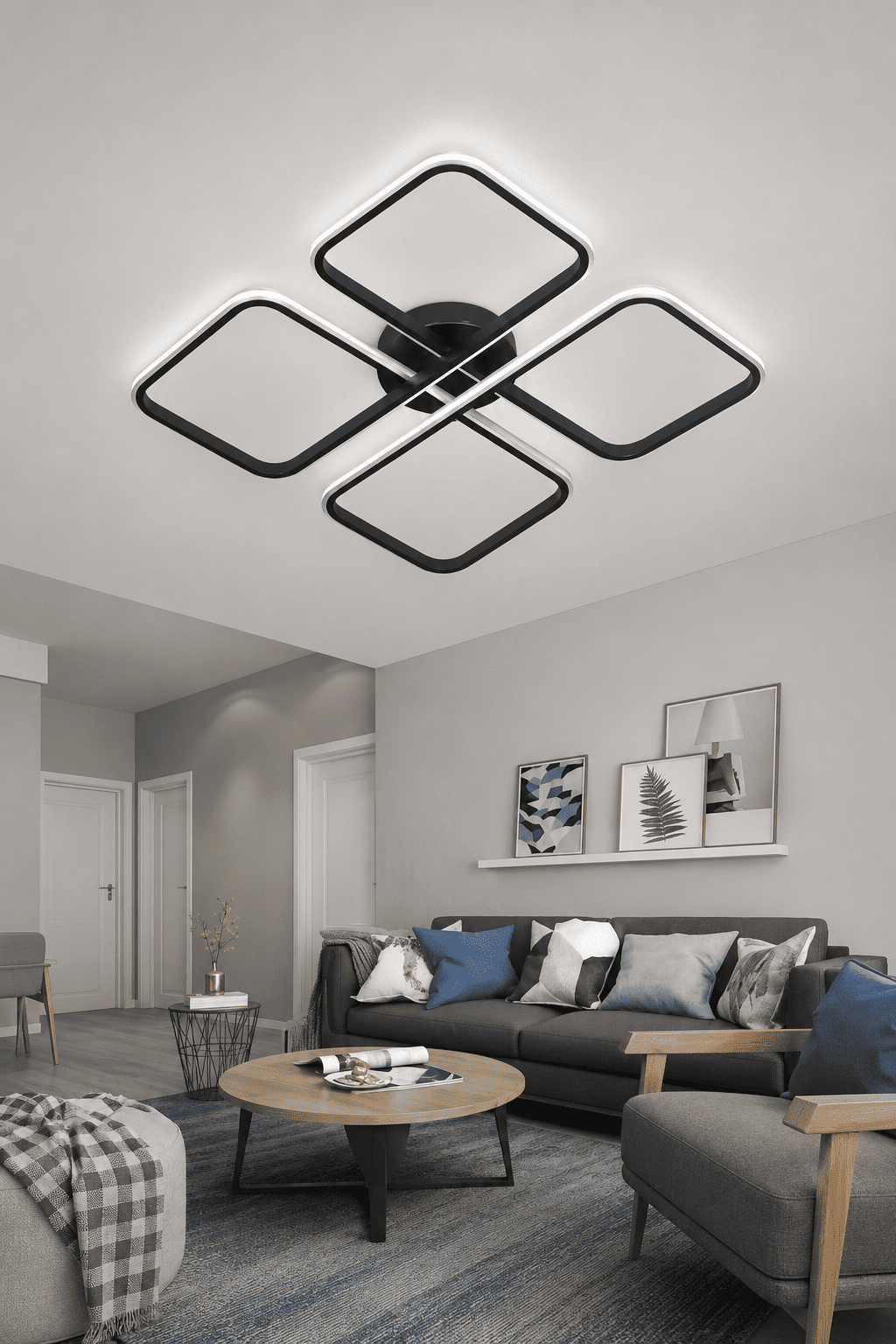 Asel Siyah Modern Tasarım Krom Çizgili Plafonyer Ultra Power Beyaz Ledli Avize