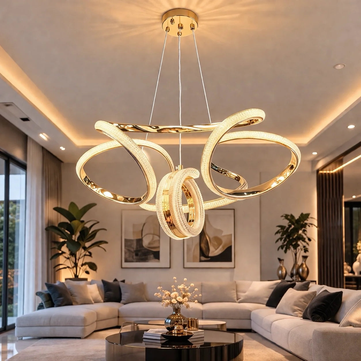 Monza Lüks Cristalya Serisi Gold Kaplamalı 3 Renk Ledli Sarkıt Ledli Avize Modern Led Avize-Çap 45 cm
