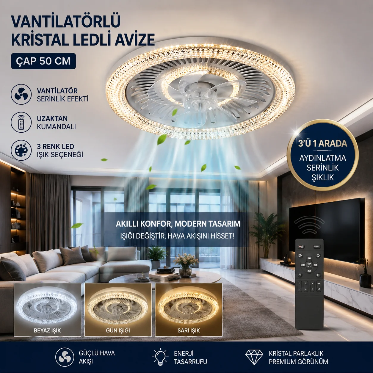 Ossa Yeni Premium Serisi Vantilatörlü Kristal Ledli Avize Uzaktan Kumandalı Ledli Tavan Vantilatörü Bakır Motorlu