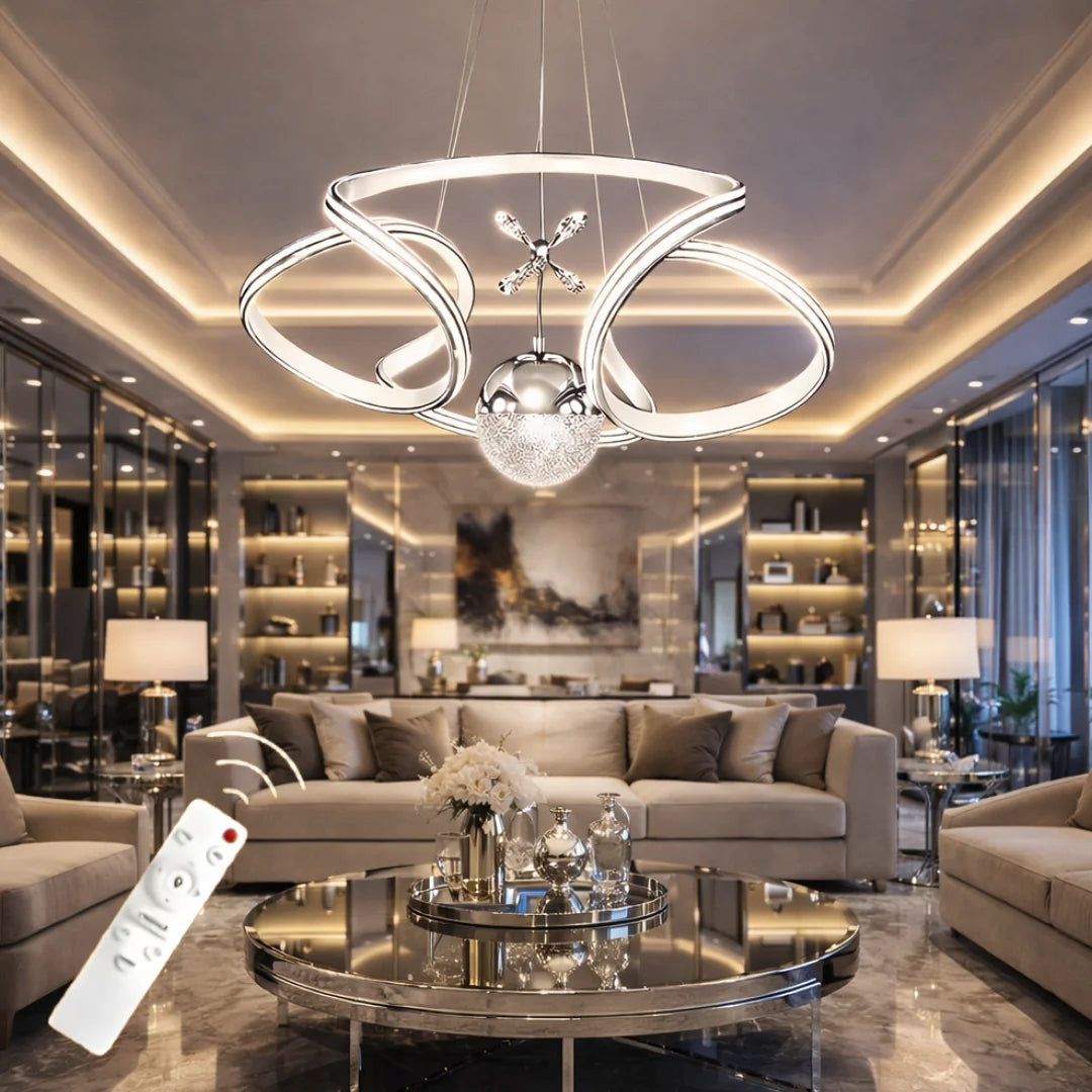 Calista Krom Beyaz Özel Tasarım Krom Çizgi Detaylı Uzaktan Kumandalı Dimmerli Gece Modlu 3 Renk Ledli Avize - Çap 50 cm