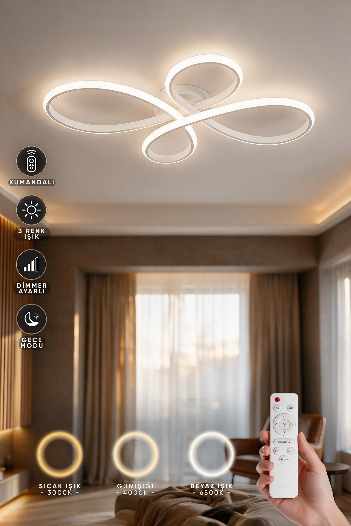 Nehir Beyaz Plafonyer Kumandalı 3 Renk Işık LED Avize