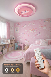 Unicorn 40'LIK 2 Katlı Modern Tasarım Uzaktan Kumandalı Dimmerli Gece Modlu 3 Renk Ledli Plafonyer Ledli Avize Çoçuk Odası Avizesi-Çap 40 Cm