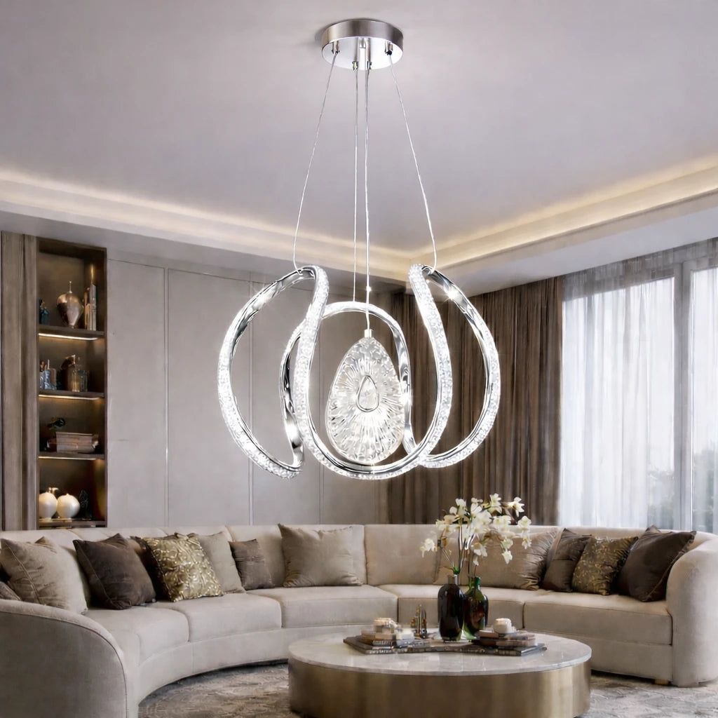 Paris Lüks Cristalya Serisi Orjinal Krom Kaplamalı 3 Renk Ledli Sarkıt Ledli Avize Modern Led Avize-Çap 30 cm