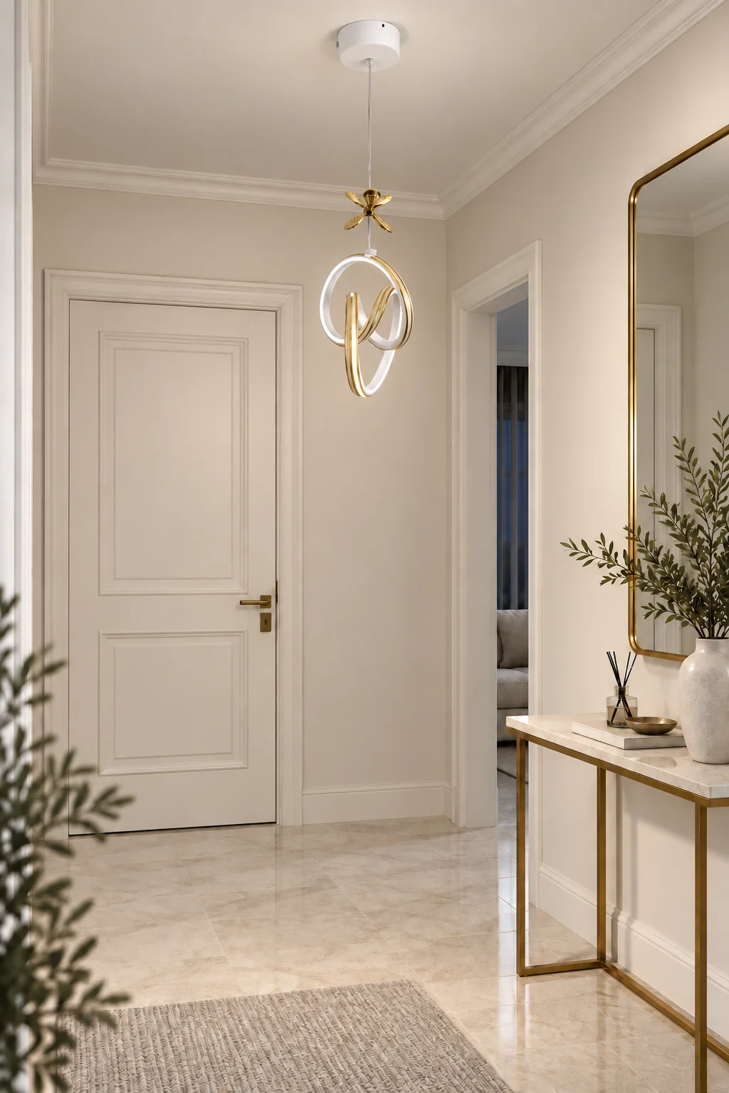 Yaren Beyaz Özel Tasarım Gold Çizgili Gold Dekor Kelebek Detaylı Sarkık Beyaz Ledli Avize