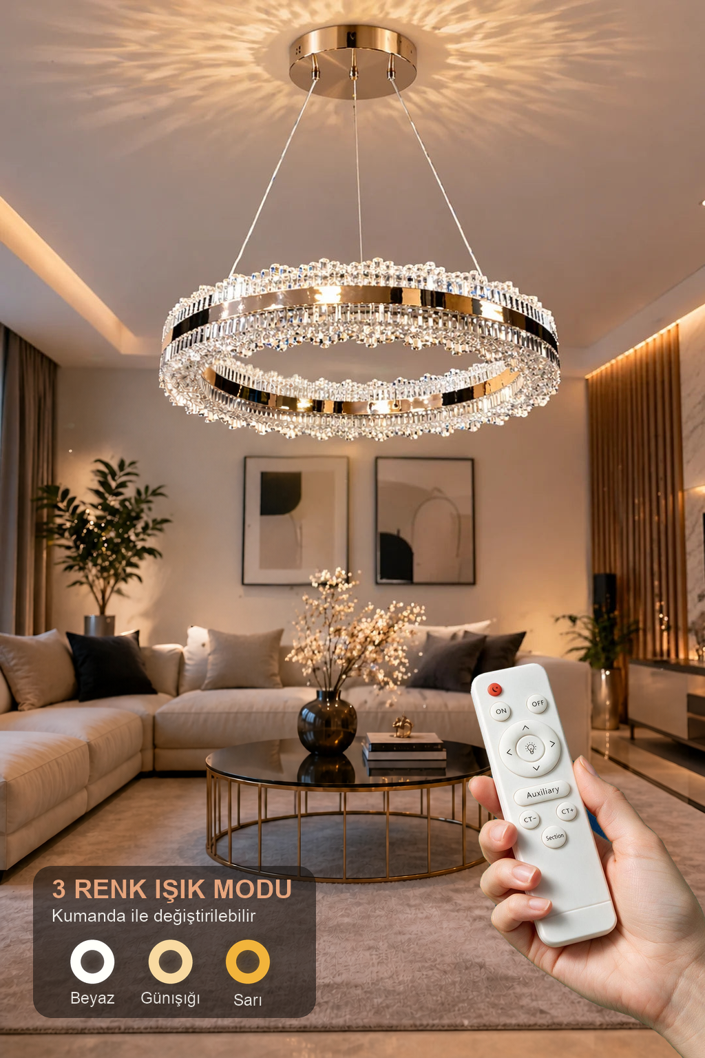 Asalet Lüks Gold Kaplamalı Çift Yönlü Aydınlatmalı Kumandalı Dimmerli 3 Renk Ledli Avize Led Avize- Çap 40 cm