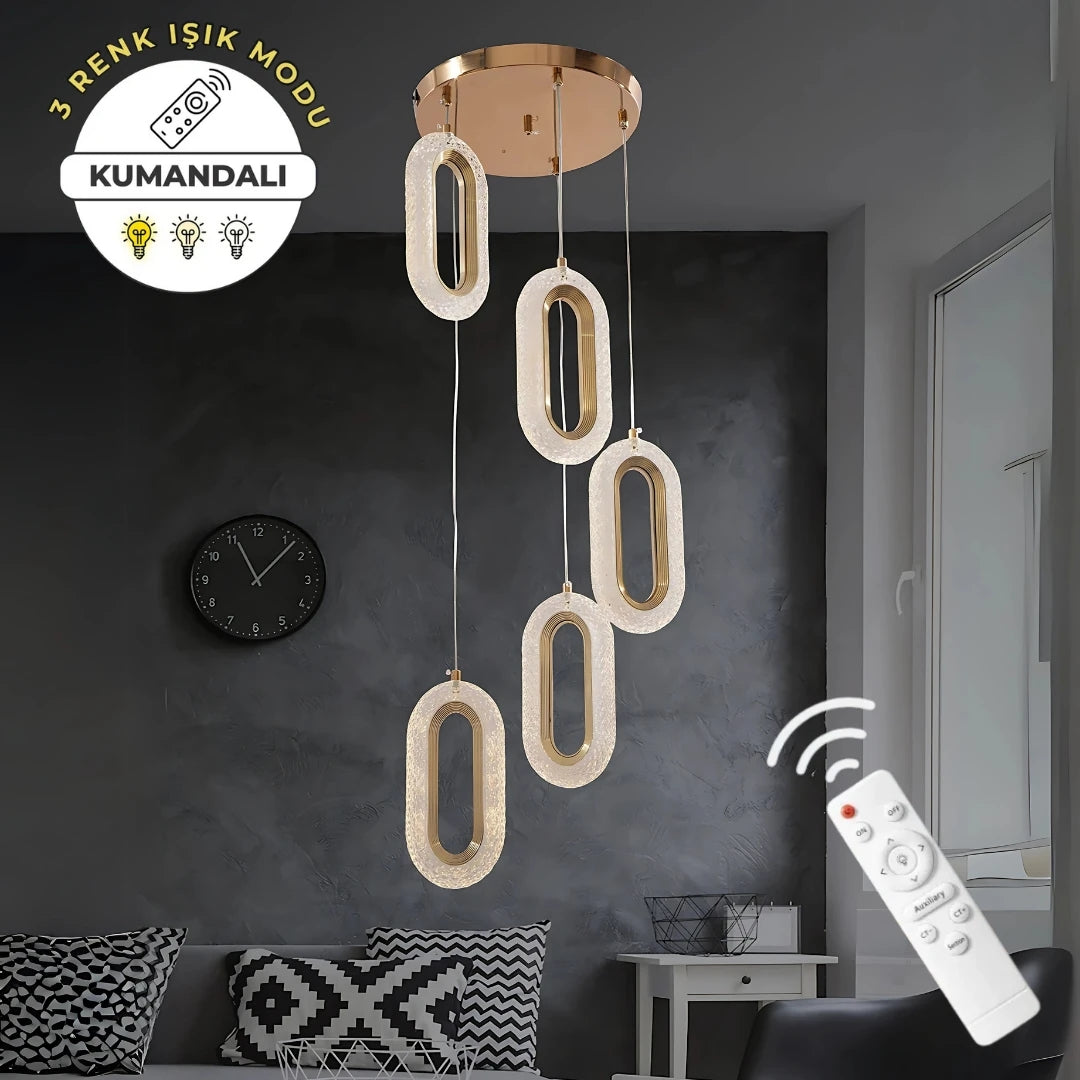 Eleni Gold 5'li Lüks Kumandalı Dimmerli 3 Renk Ledli Avize Modern Led Avize