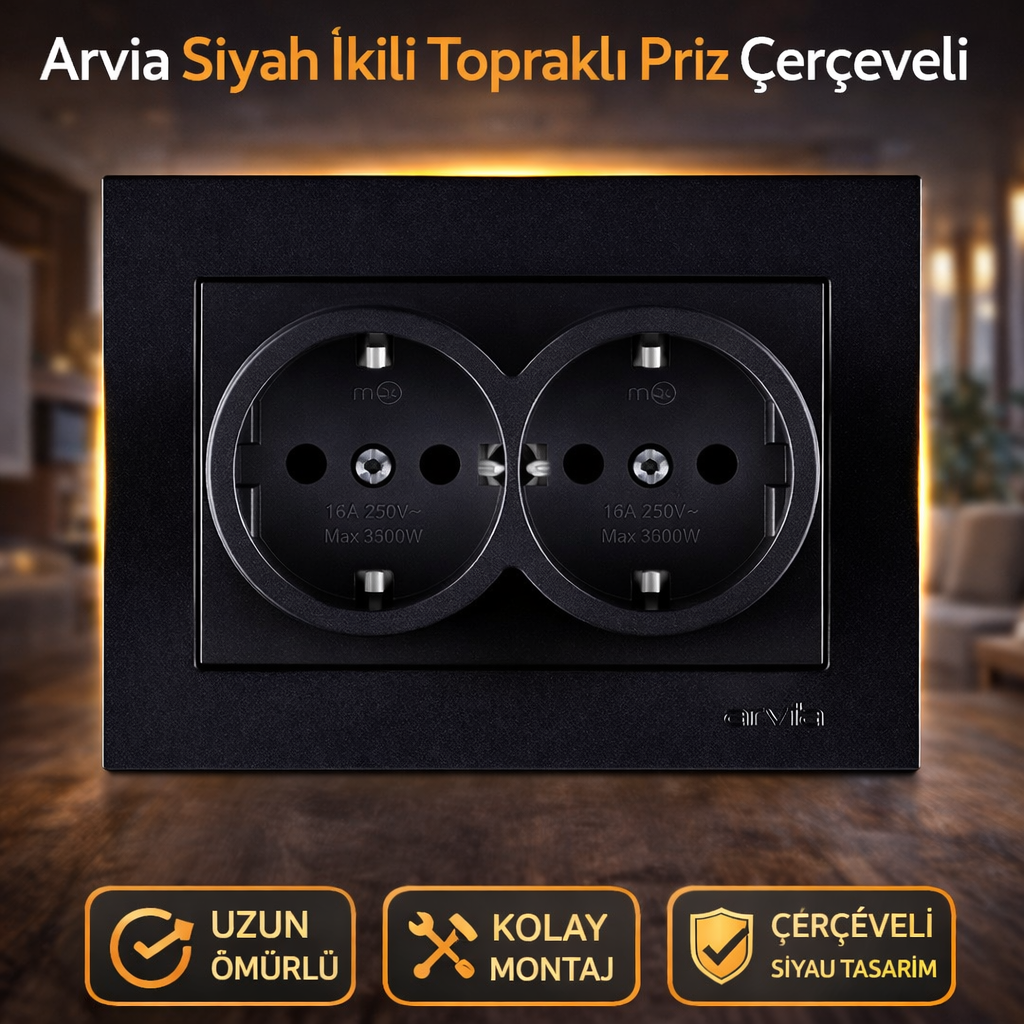 Arvia Siyah İkili Topraklı Priz Çerçeveli