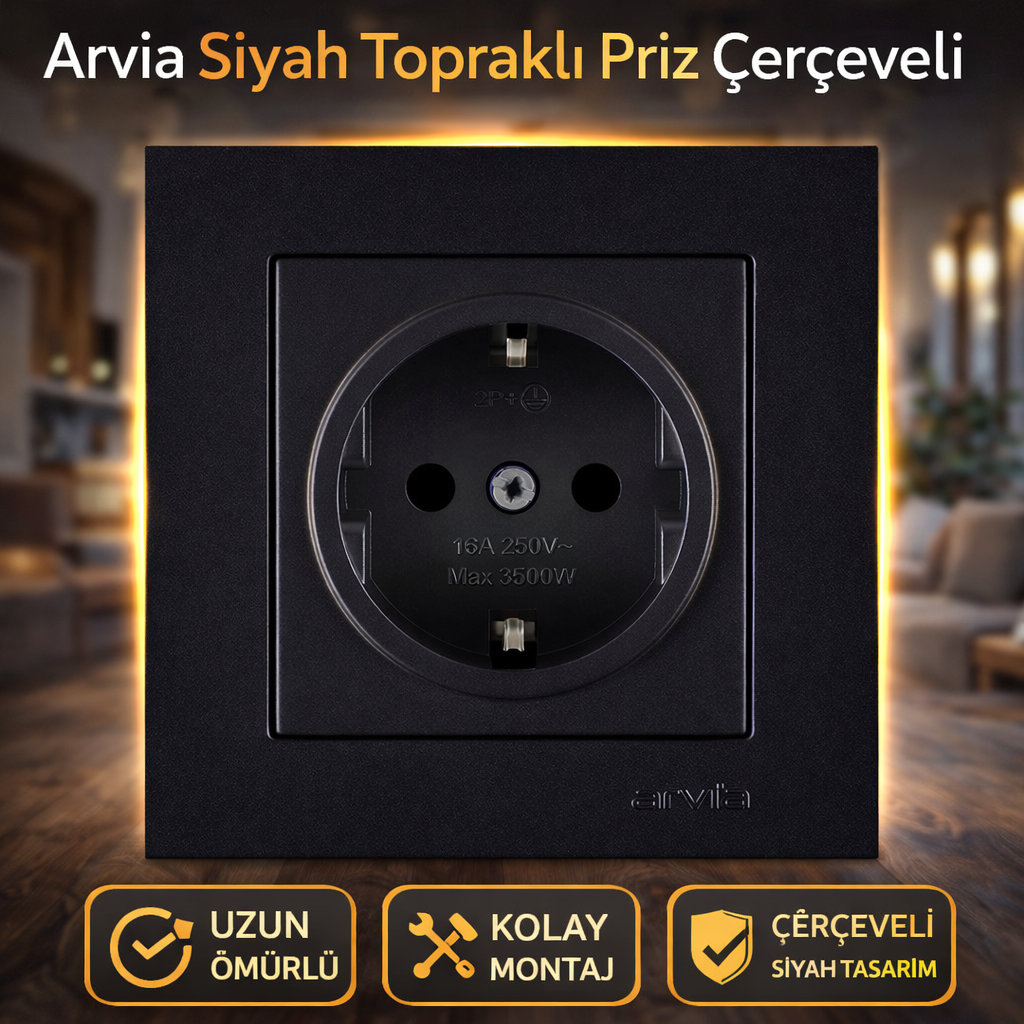 Arvia Siyah Topraklı Priz Çerçeveli