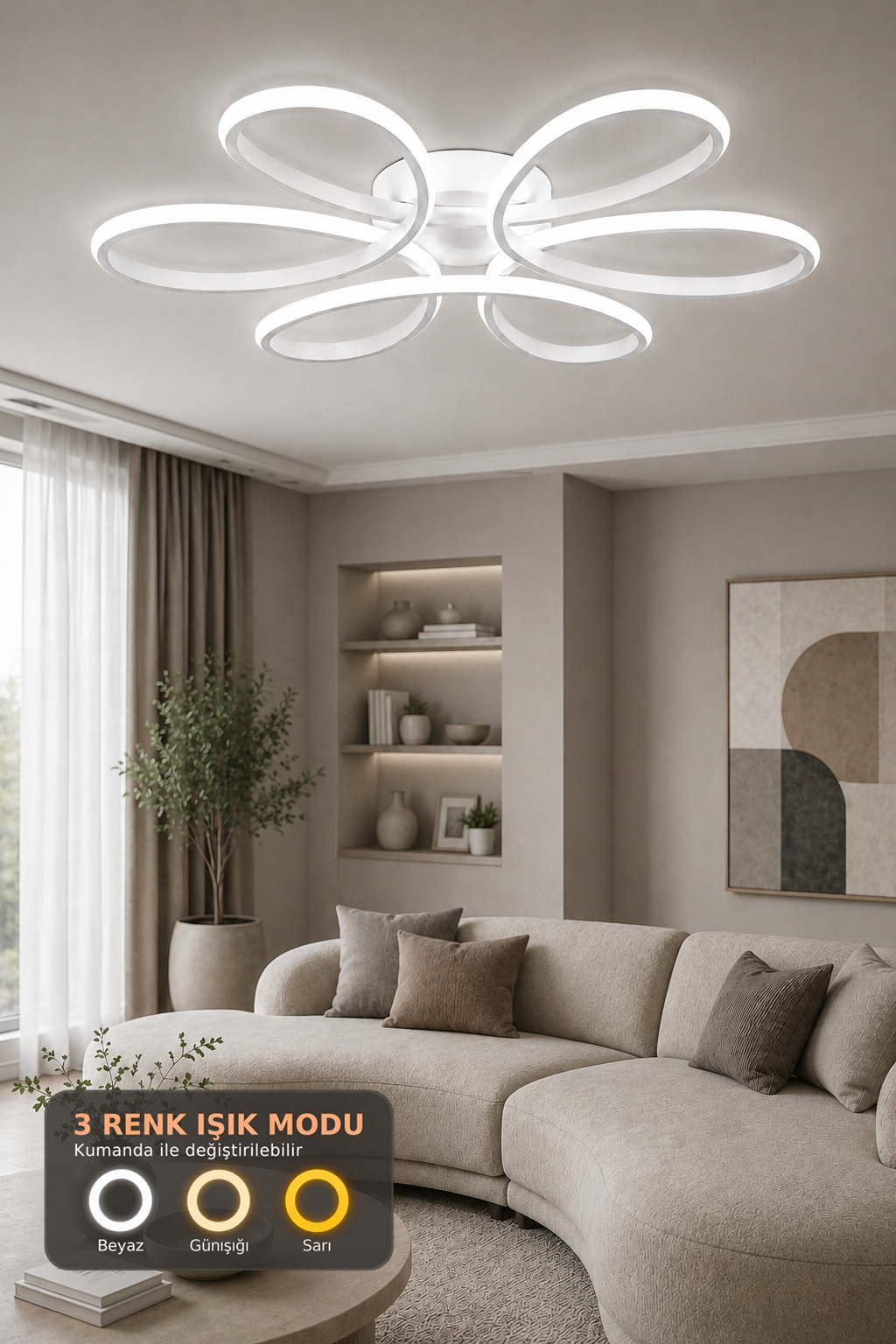 Alya Beyaz 3 Renk 60 cm Plafonyer Led Avize