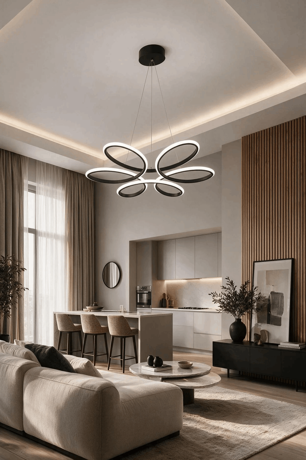 Lupin Siyah 3 Renk Ledli Sarkık Ledli Avize Modern Led Avize- Çap 60 cm