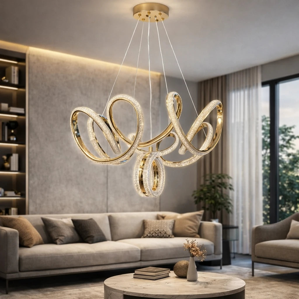 Prestij Lüks Cristalya Serisi Orjinal Gold Kaplamalı 3 Renk Ledli Sarkıt Ledli Avize Modern Led Avize-Çap 50 cm