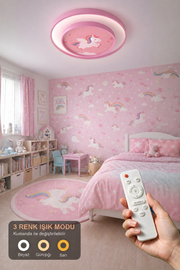 Unicorn 50'LIK 2 Katlı Modern Tasarım Uzaktan Kumandalı Dimmerli Gece Modlu 3 Renk Ledli Plafonyer Ledli Avize Çoçuk Odası Avizesi-Çap 50 Cm