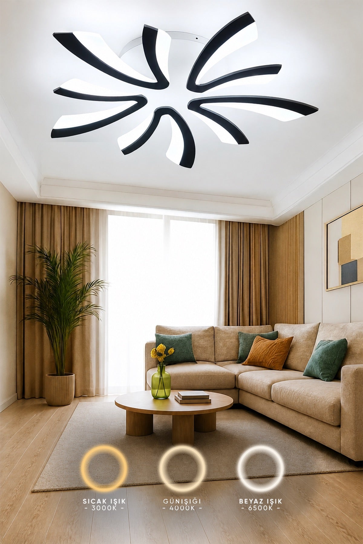 MS59005-5 Modern 3 Renk Ledli Plafonyer Siyah Lüks 5'Lİ Ledli Avize