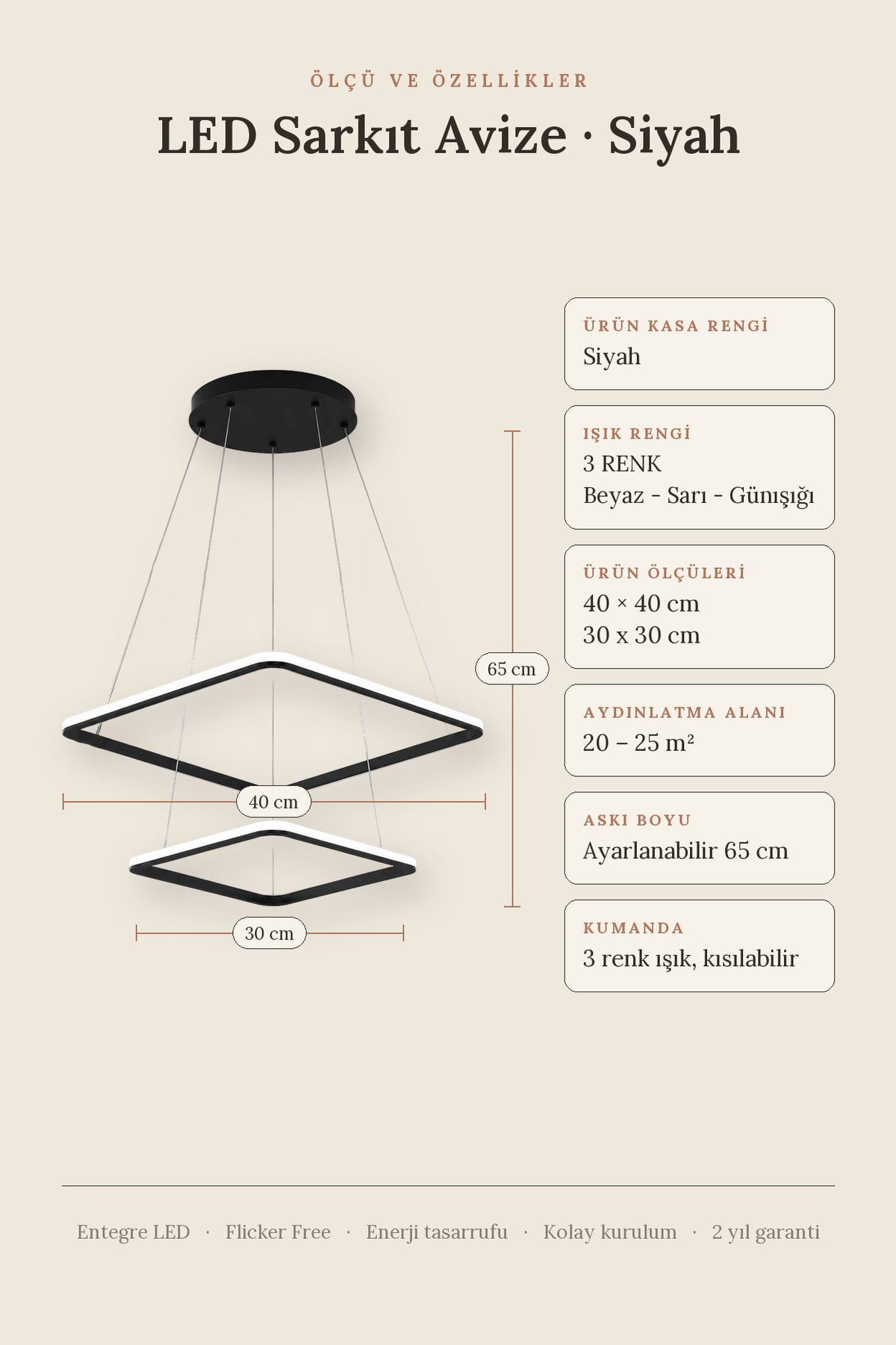 Maria Siyah Kare 3 Renk Ledli Avize Sarkık 2'Li Ledli Avize Modern Led Avize