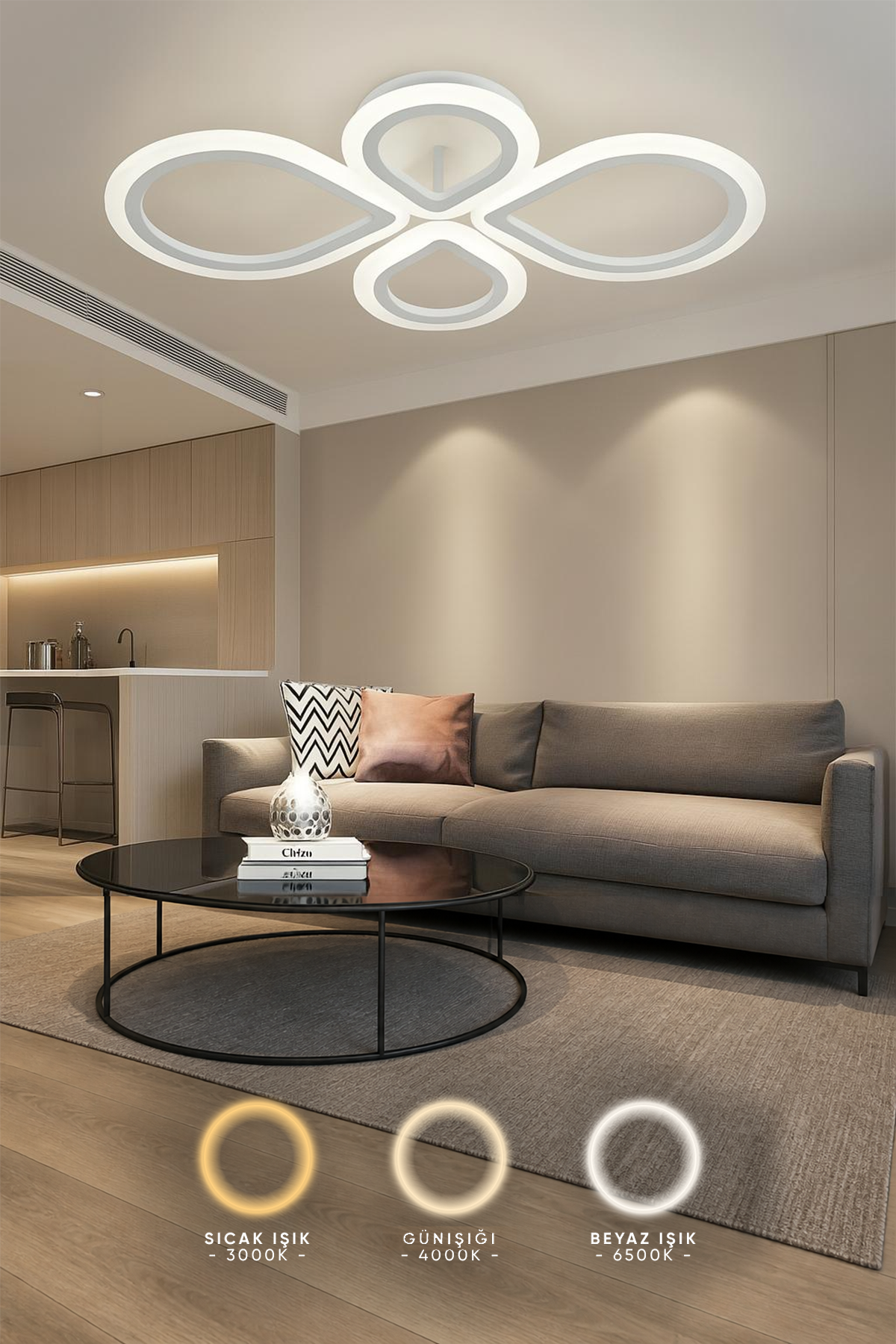 MS53004-4 Modern 3 Renk  Plafonyer Beyaz Lüks  4'LÜ Ledli Avize
