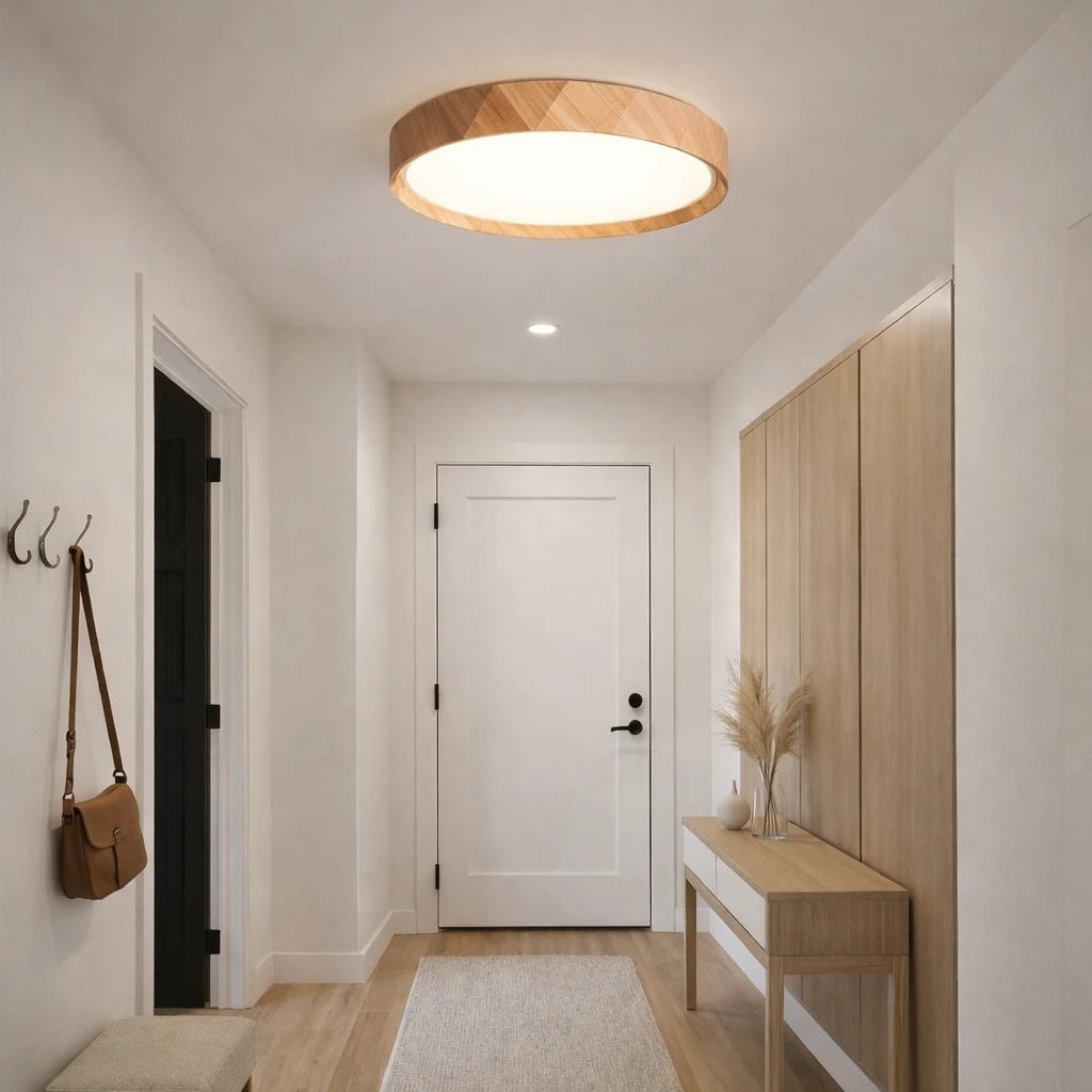 Antik Burma 26'Lık Meşe Ahşap Desenli Plafonyer 3 Renk Ledli Hol Antre Koridor Banyo Balkon Avizesi Ledli Avize Armatür - Çap 26 cm