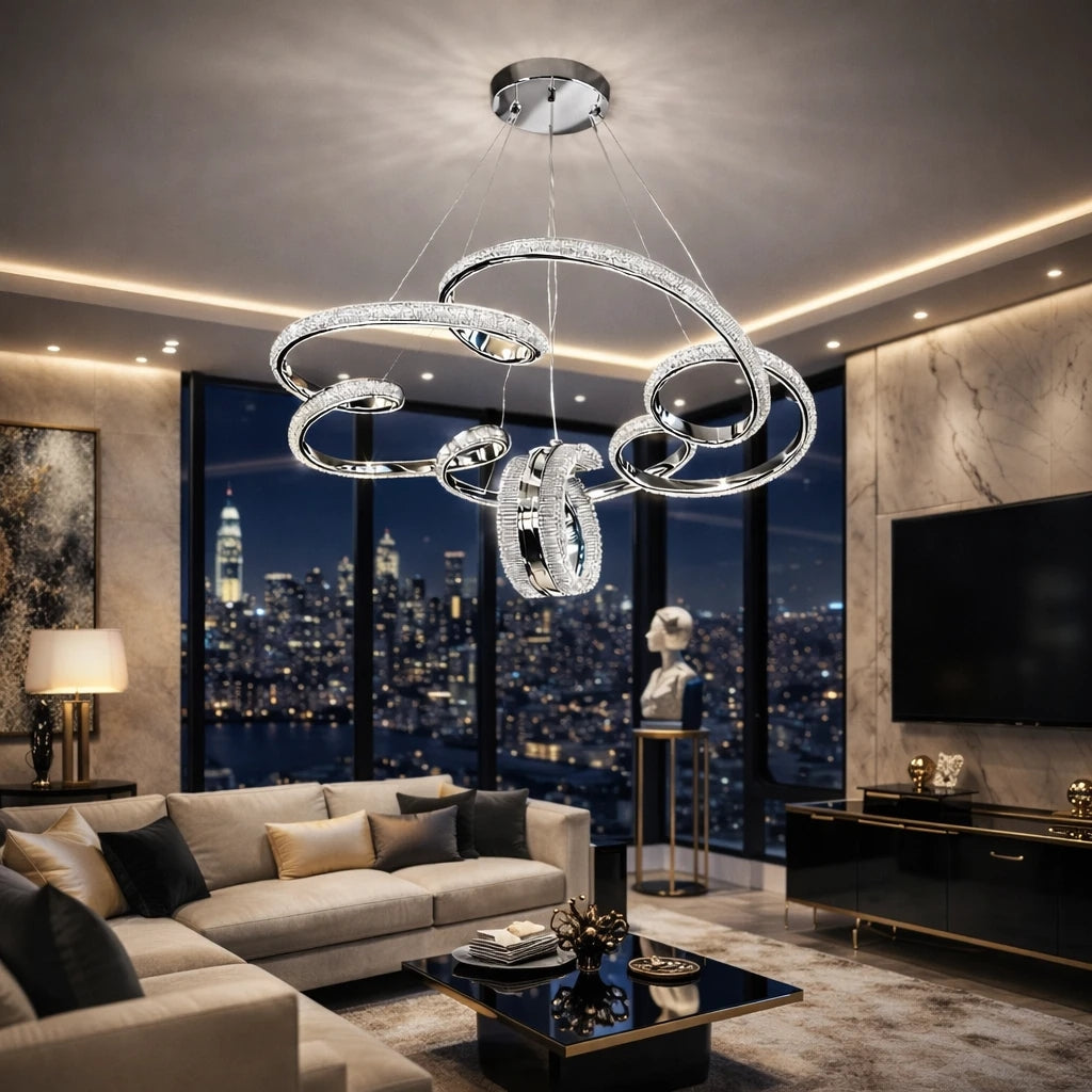 Platin Lüks Cristalya Serisi Orjinal Gold Kaplamalı 3 Renk Ledli Sarkıt Ledli Avize Modern Led Avize-Çap 50 cm