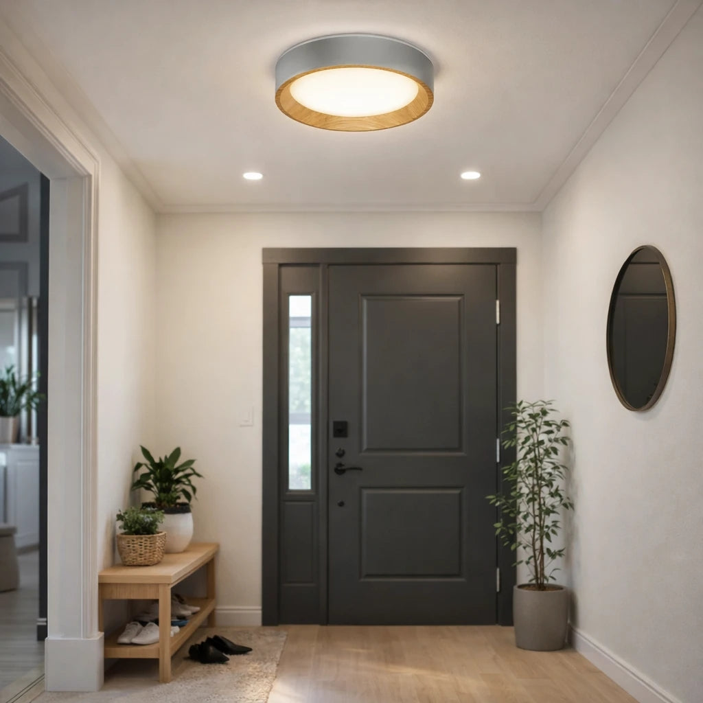Sahra Özel Kombin 26'Lık Antrasit Ahşap Desenli Plafonyer 3 Renk Ledli Hol Antre Koridor Banyo Balkon Avizesi Ledli Avize Armatür - Çap 26 cm