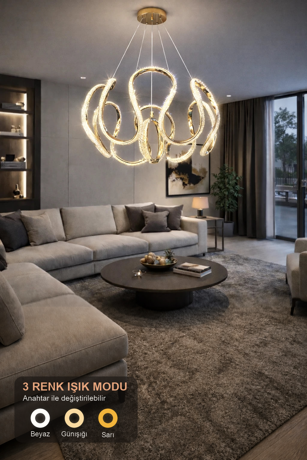 Pierra Lüks Cristalya Serisi Orjinal Gold Kaplamalı 3 Renk Ledli Sarkıt Ledli Avize Modern Led Avize-Çap 50 cm