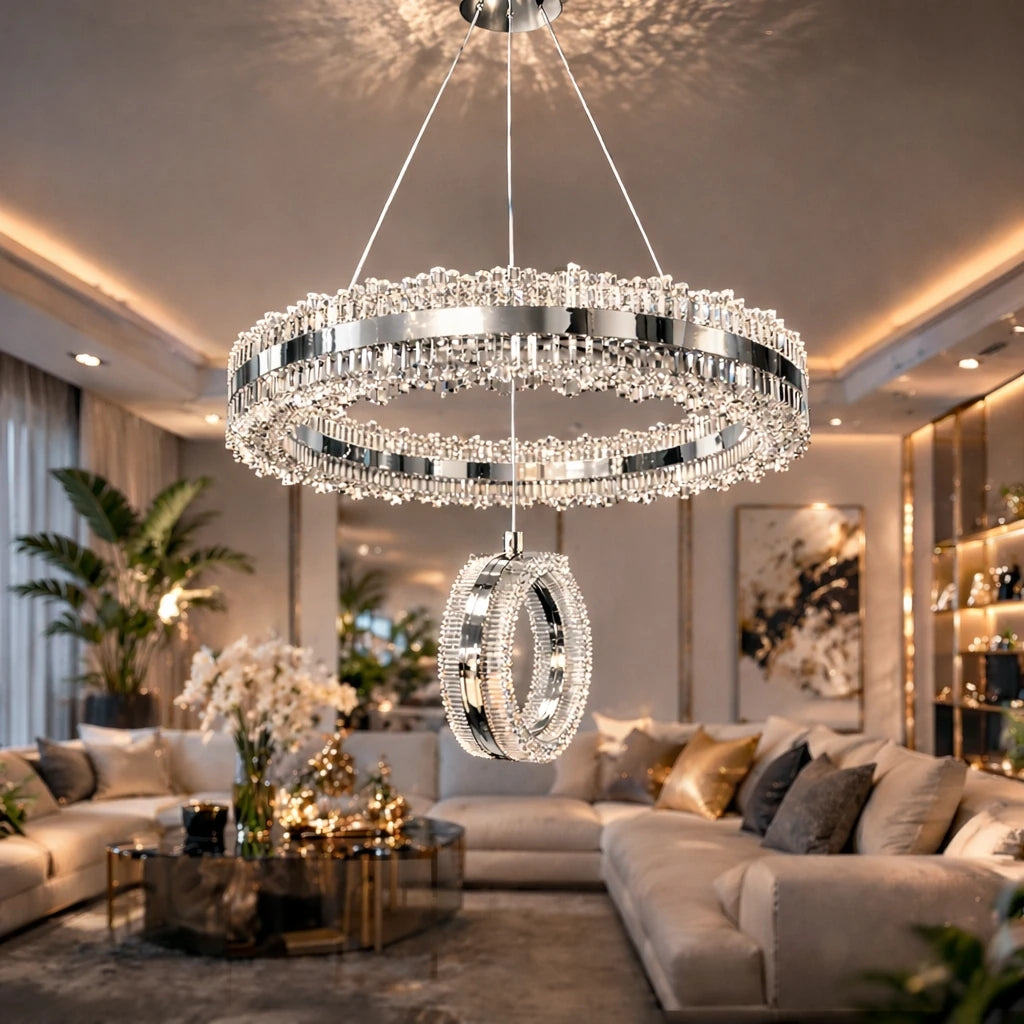Zerafet Lüks Krom Kaplamalı Çift Yönlü Aydınlatmalı Kumandalı Dimmerli 3 Renk Ledli Avize Led Avize- Çap 40 cm