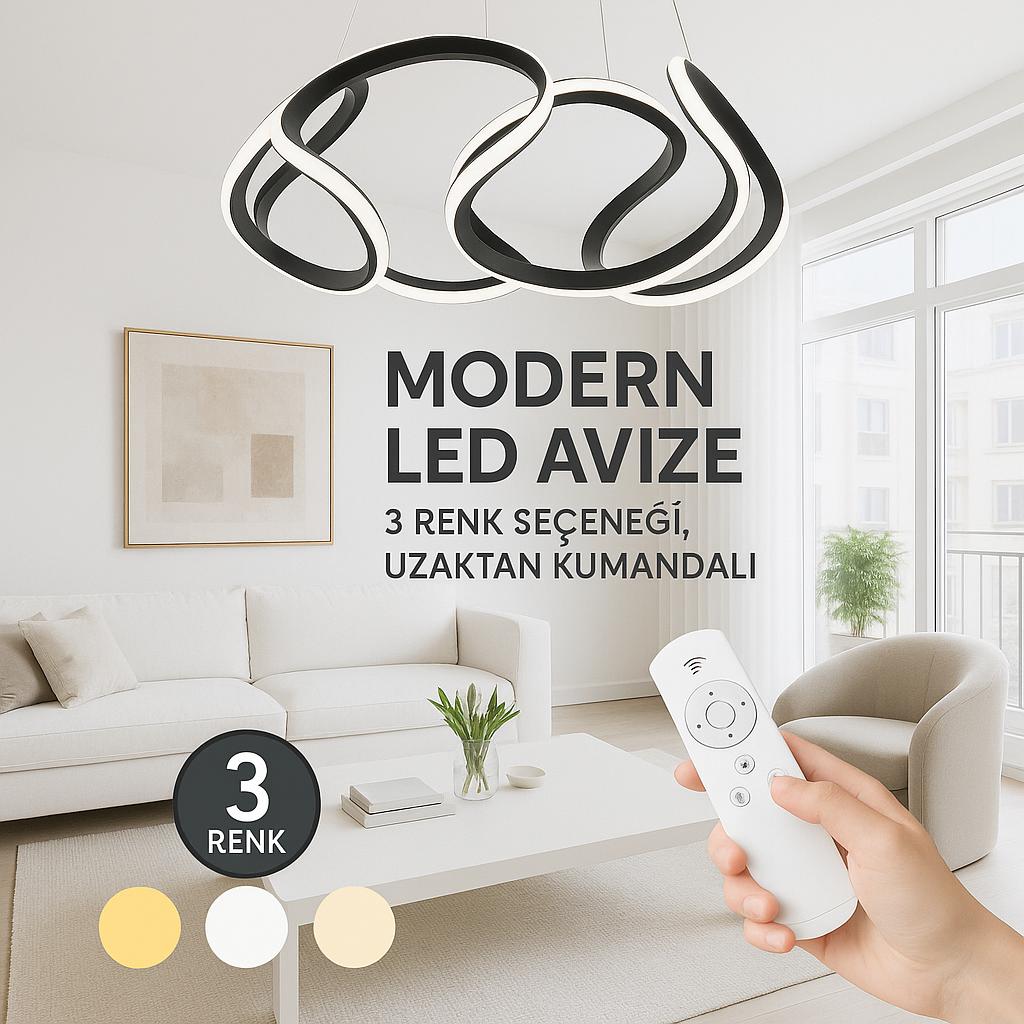 Artemis Siyah Kumandalı 3 Renk Ledli Dimmerli Sarkık Modern Ledli Avize