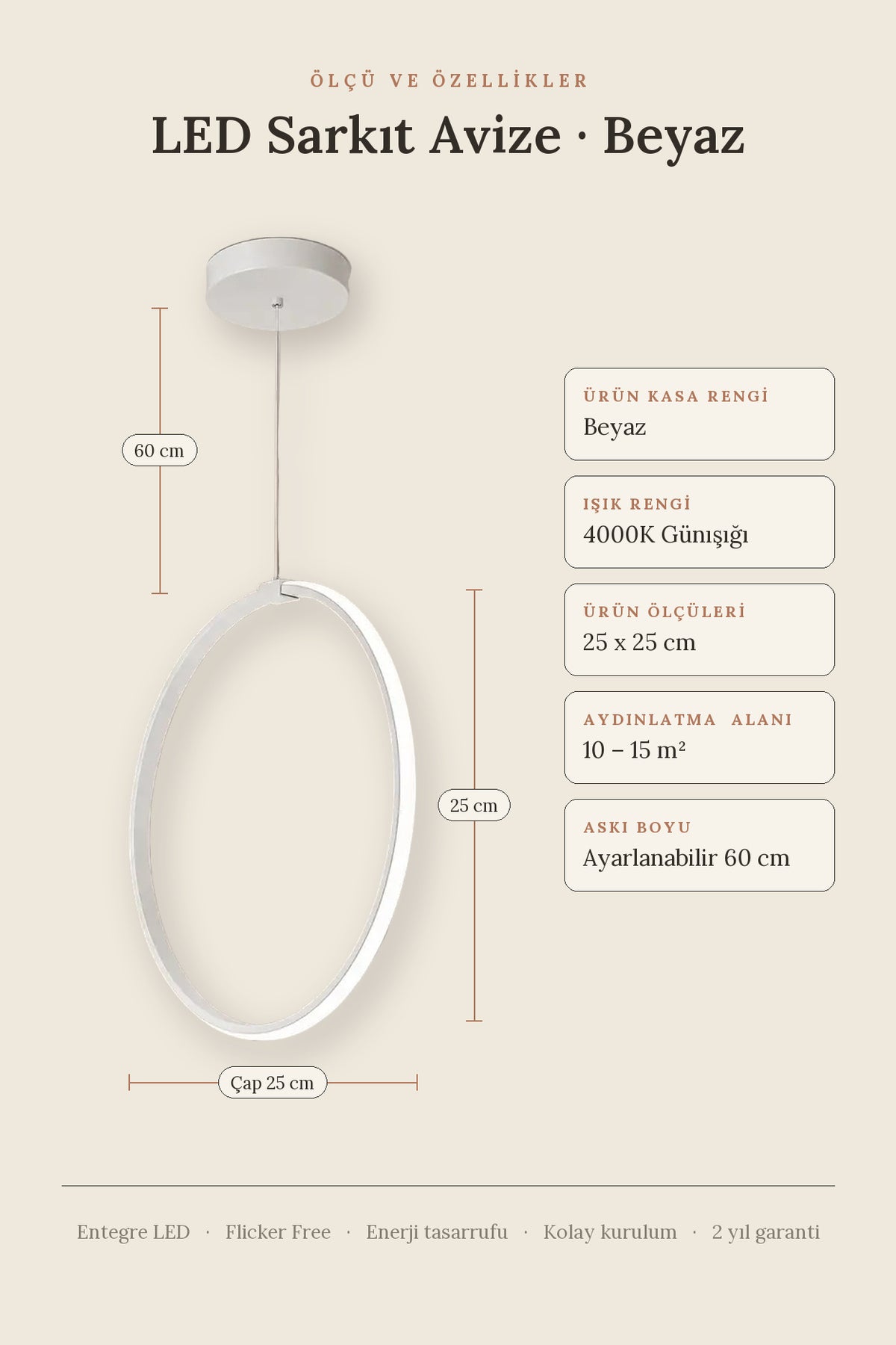Rings Beyaz Tekli Sarkıt Led Günışığı Ultra Ledli Salon Mutfak Oda Hol Ledli Avize