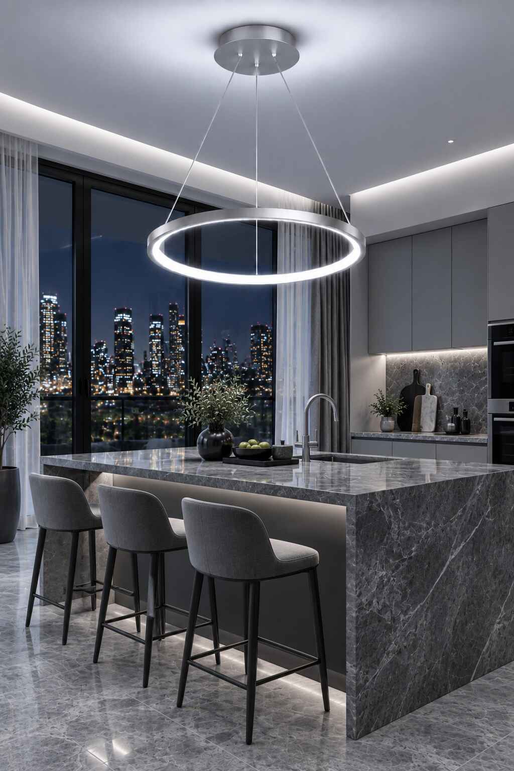Ringa Krom Gri Beyaz Işık Modern Tasarım Led Avize