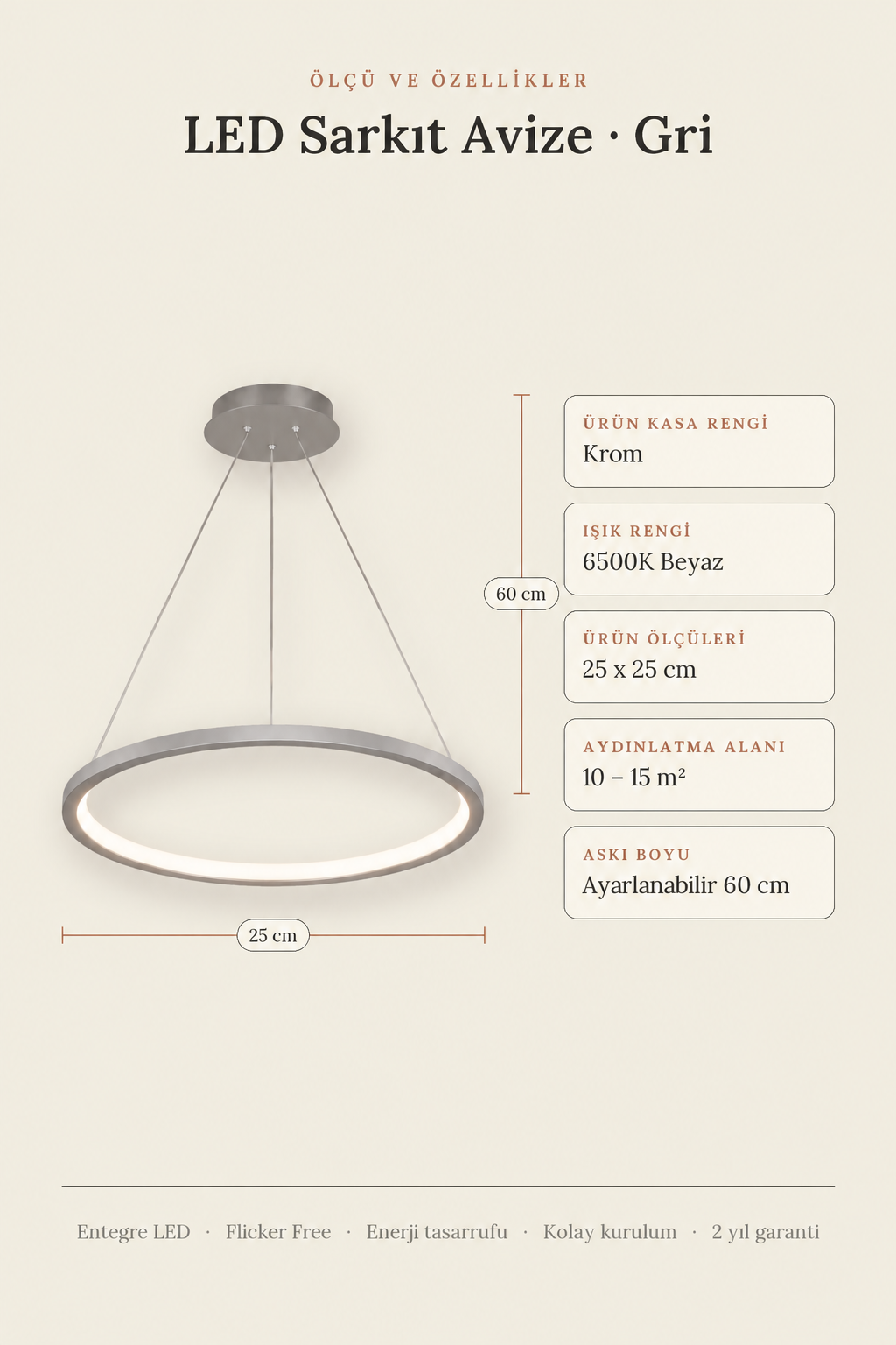 Ringa Krom Gri Beyaz Işık Modern Tasarım Led Avize