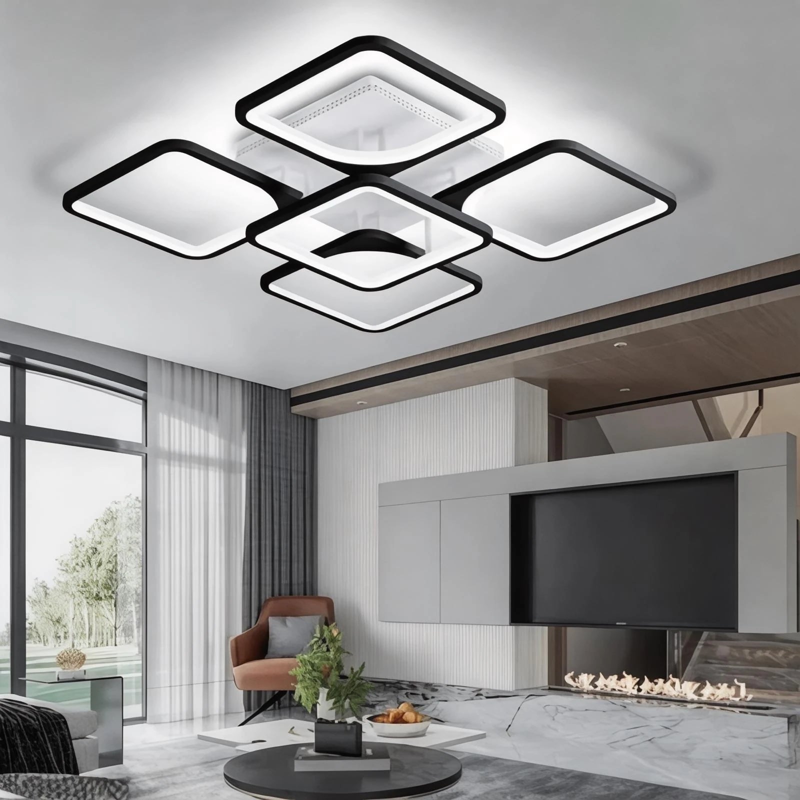 MS72005- 4+1 Modern 3 Renk Ledli Mimari Tasarım Siyah Plafonyer Lüks 5'Li  Ledli Avize