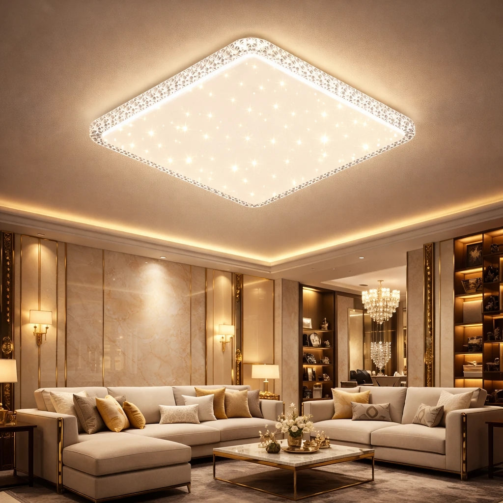 Bonita Cristalya Serisi 60'Lık Kare Uzaktan Kumandalı Dimmerli 3 Renk Ledli Plafonyer Ledli Avize Çap 60 cm