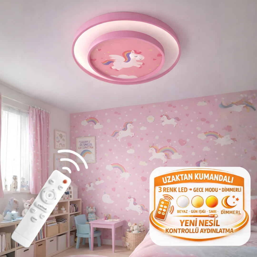 Unicorn 40'LIK 2 Katlı Modern Tasarım Uzaktan Kumandalı Dimmerli Gece Modlu 3 Renk Ledli Plafonyer Ledli Avize Çoçuk Odası Avizesi-Çap 40 Cm