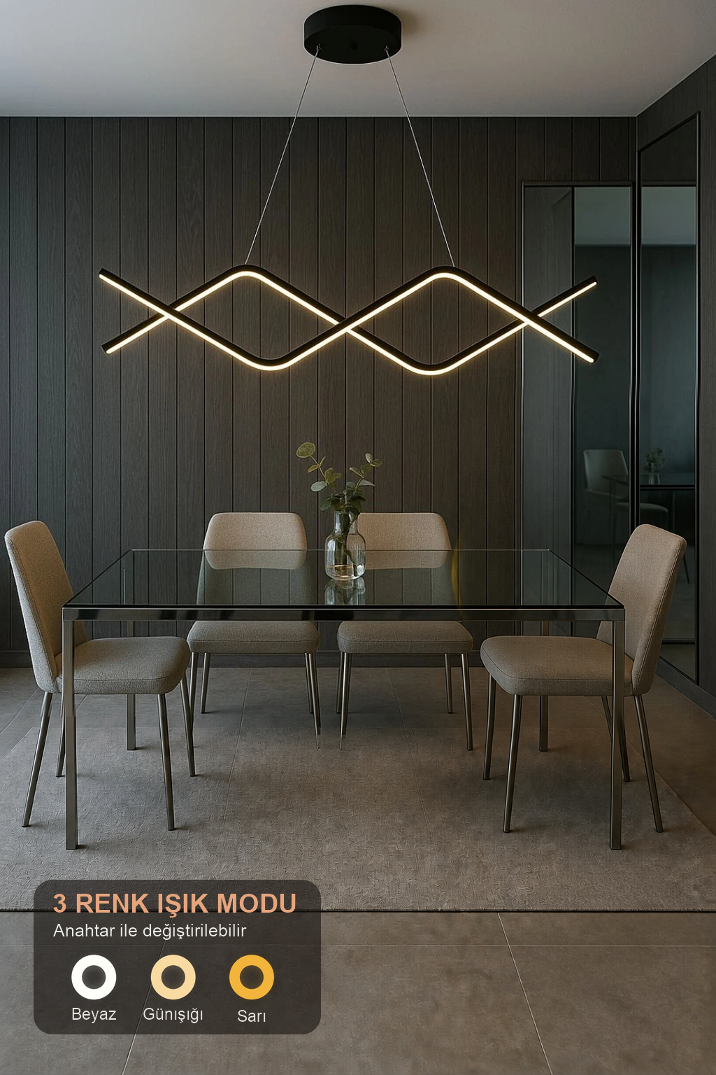 Cameron Mimari Tasarım 3 Renk Ledli Sarkık Modern Ledli Avize -80 cm