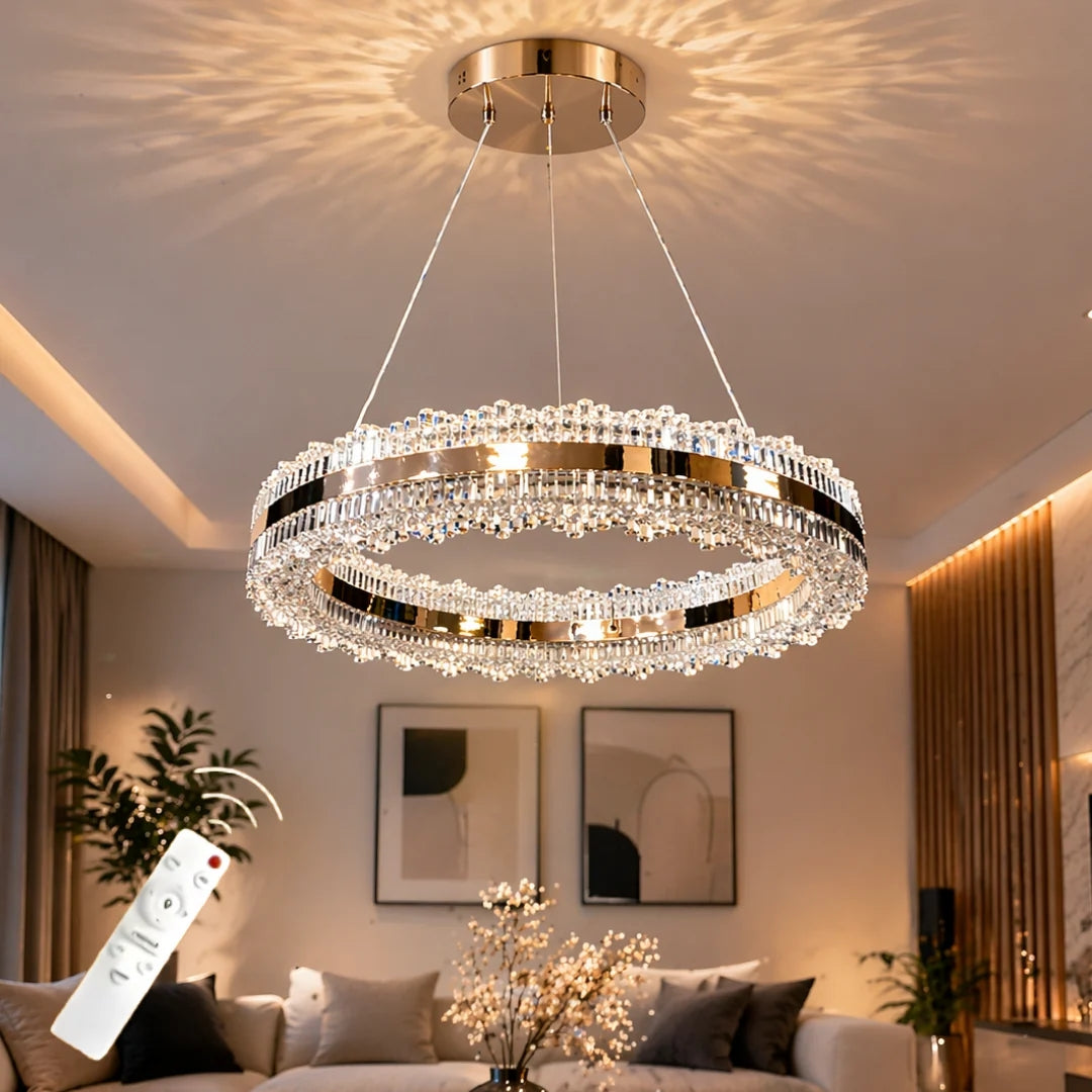 Asalet Lüks Gold Kaplamalı Çift Yönlü Aydınlatmalı Kumandalı Dimmerli 3 Renk Ledli Avize Led Avize- Çap 40 cm