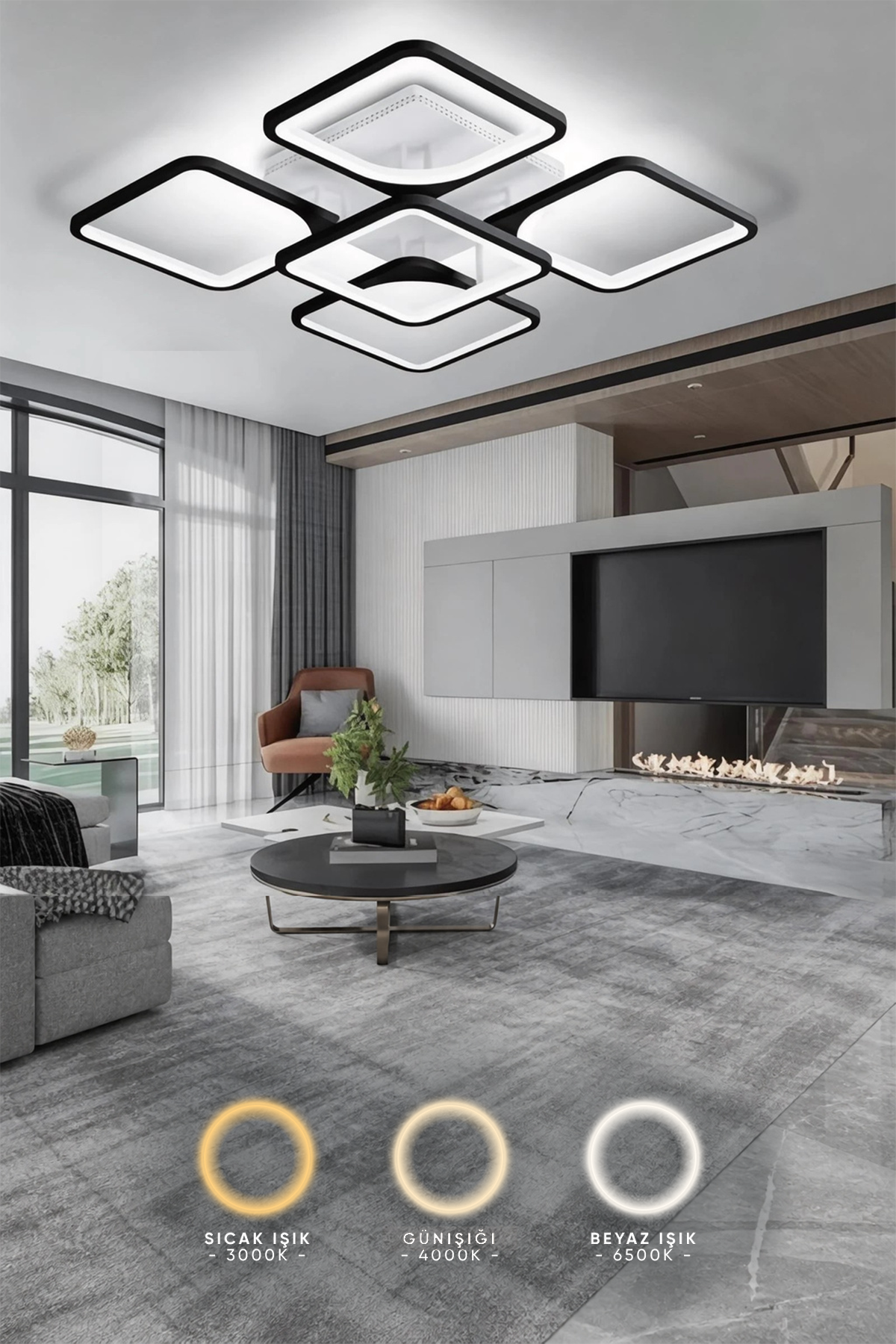 MS72005- 4+1 Modern 3 Renk Ledli Mimari Tasarım Siyah Plafonyer Lüks 5'Li  Ledli Avize