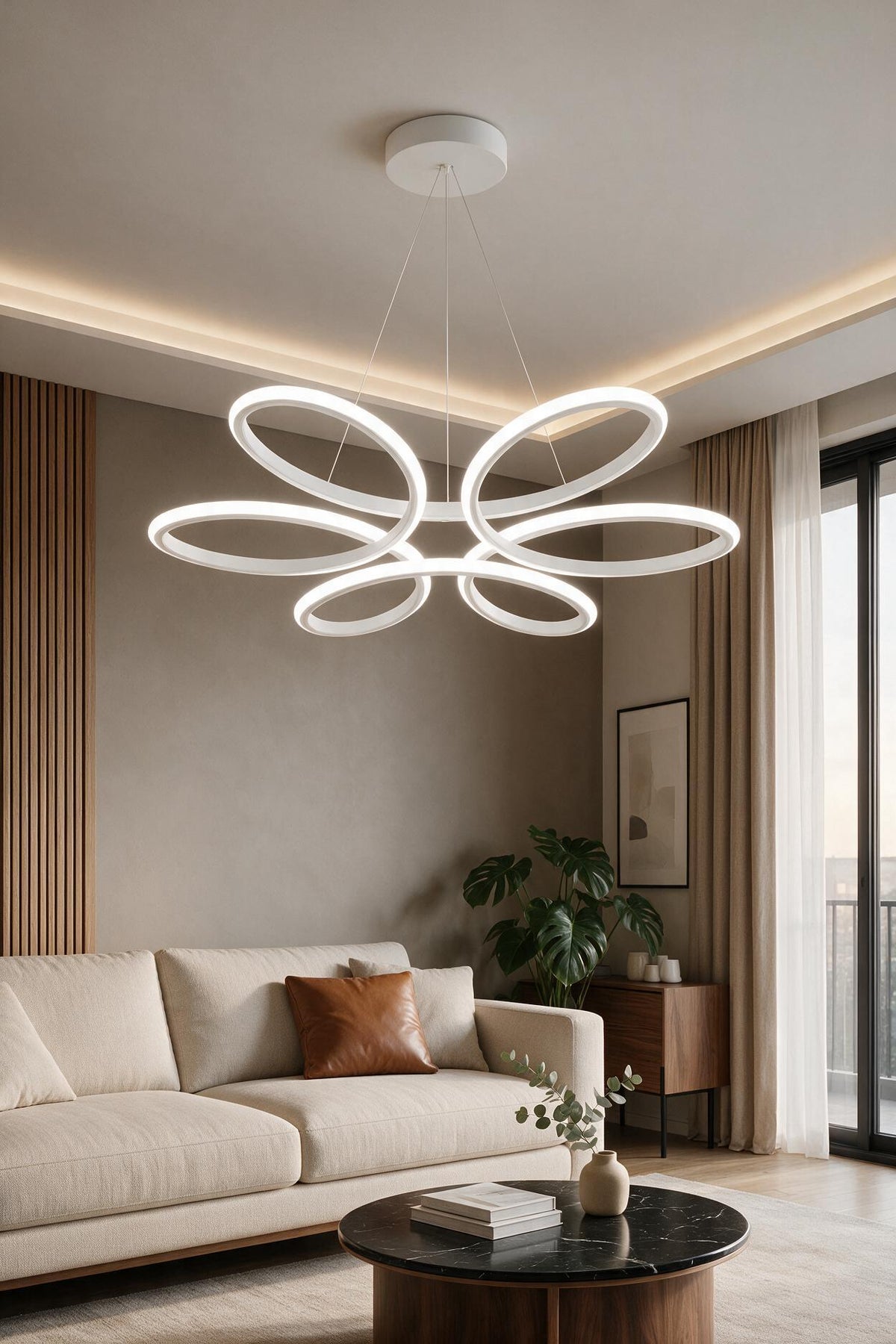 Lupin Beyaz 3 Renk Ledli Sarkık Ledli Avize Modern Led Avize- Çap 60 cm