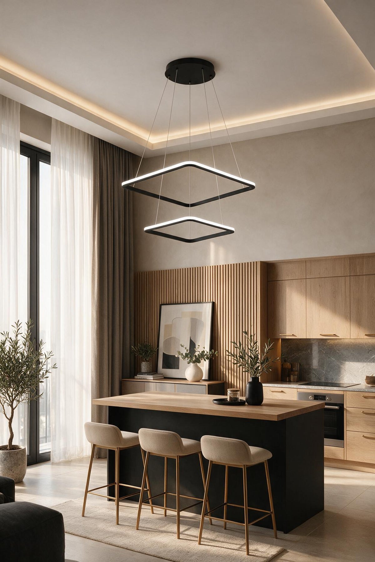 Maria Siyah Kare 3 Renk Ledli Avize Sarkık 2'Li Ledli Avize Modern Led Avize