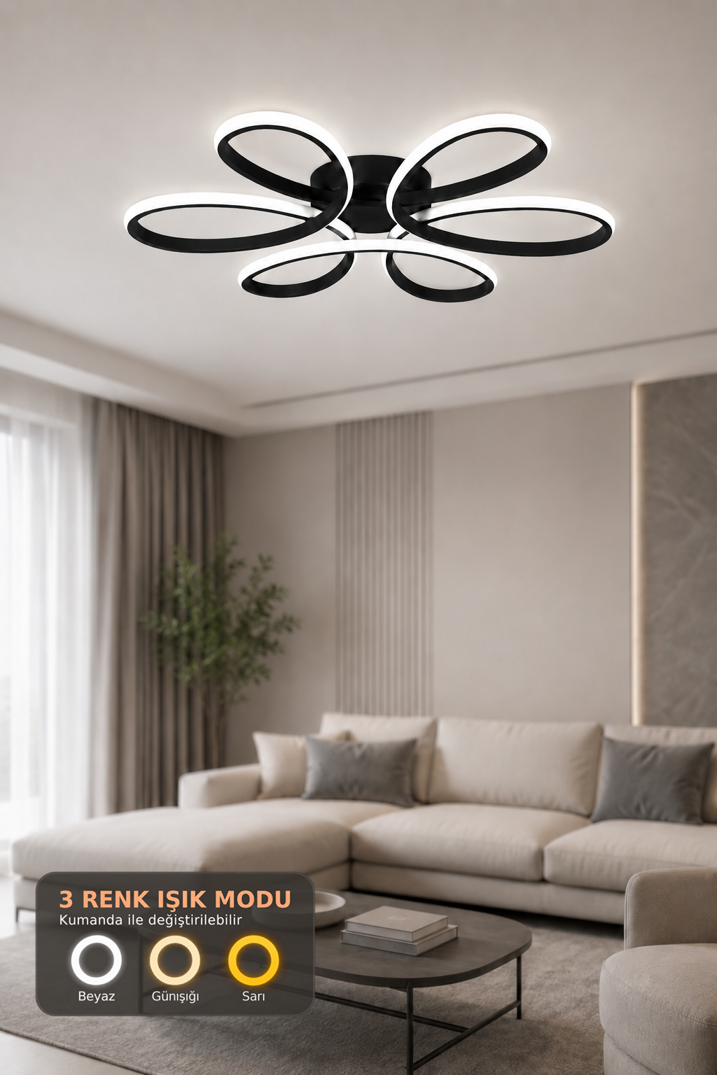 Alya Siyah 3 Renk 60 cm Plafonyer Led Avize