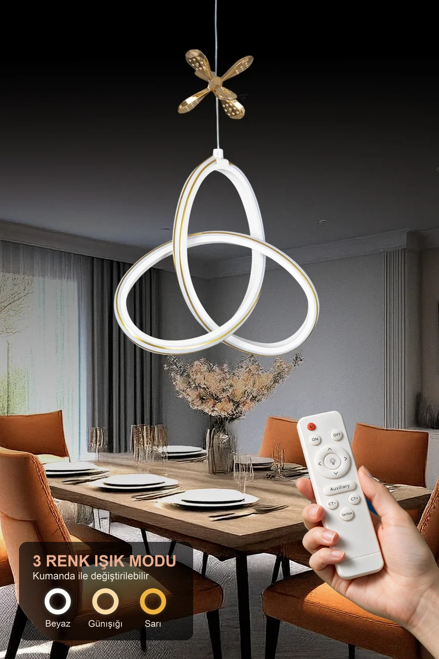 Yonca beyaz Kumandalı 3 Renk Dimmerli LED Gold Çizgili Gold Kelebek Detaylı Sarkıt Avize