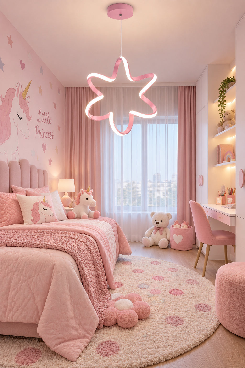Yıldız Pembe Tekli Sarkıt Led Beyaz Işık Ultra Ledli Salon Mutfak Oda Hol Ledli Avize