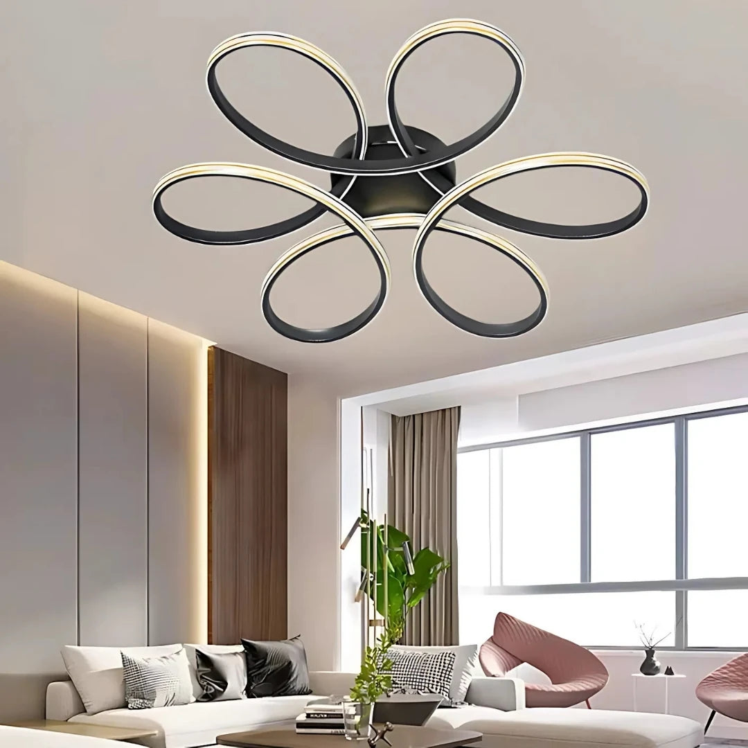 Alya Siyah Modern Tasarım Gold Çizgili Plafonyer Ultra Power Beyaz Ledli Avize