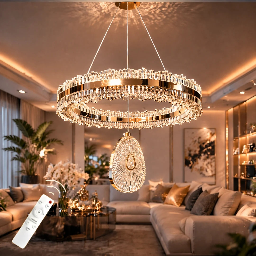 İhtişam Lüks Gold Kaplamalı Çift Yönlü Aydınlatmalı Kumandalı Dimmerli 3 Renk Ledli Avize Led Avize- Çap 40 cm