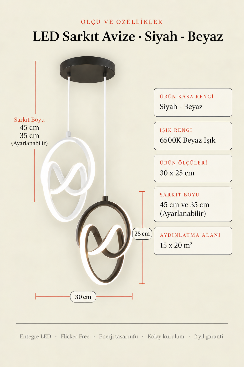 Trend Mimari Kombin Beyaz Siyah Sarkık Power Beyaz Ledli Avize Modern Led Avize