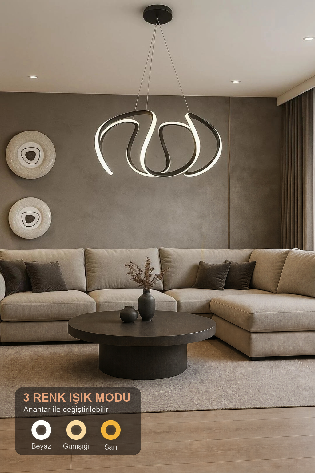 Petra Siyah 3 Renk Ledli Sarkık Ledli Avize Modern Led Avize-Büyük Boy