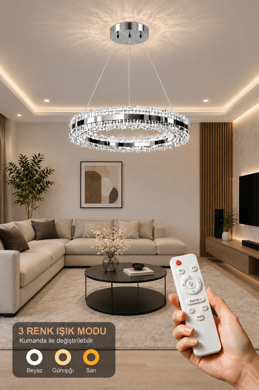 Asalet Lüks Krom Kaplamalı Çift Yönlü Aydınlatmalı Kumandalı Dimmerli 3 Renk Ledli Avize Led Avize- Çap 40 cm