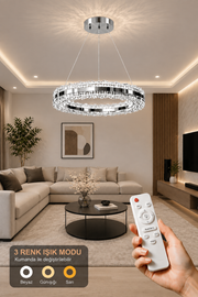 Asalet Lüks Krom Kaplamalı Çift Yönlü Aydınlatmalı Kumandalı Dimmerli 3 Renk Ledli Avize Led Avize- Çap 40 cm